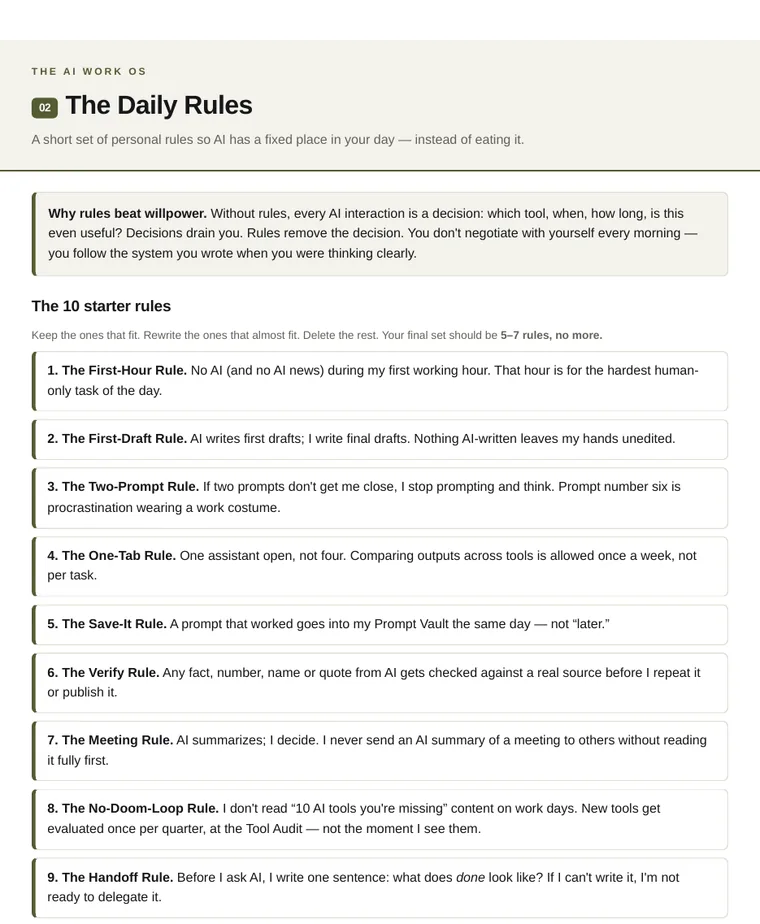 The Daily Rules — first page of the workbook with the 10 starter rules