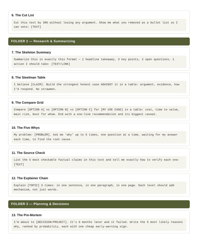 The Prompt Vault — a page of ready-to-use prompts organized in folders